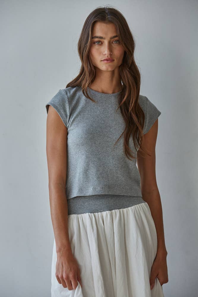 Ribbed Short Sleeve Top: Heather Grey