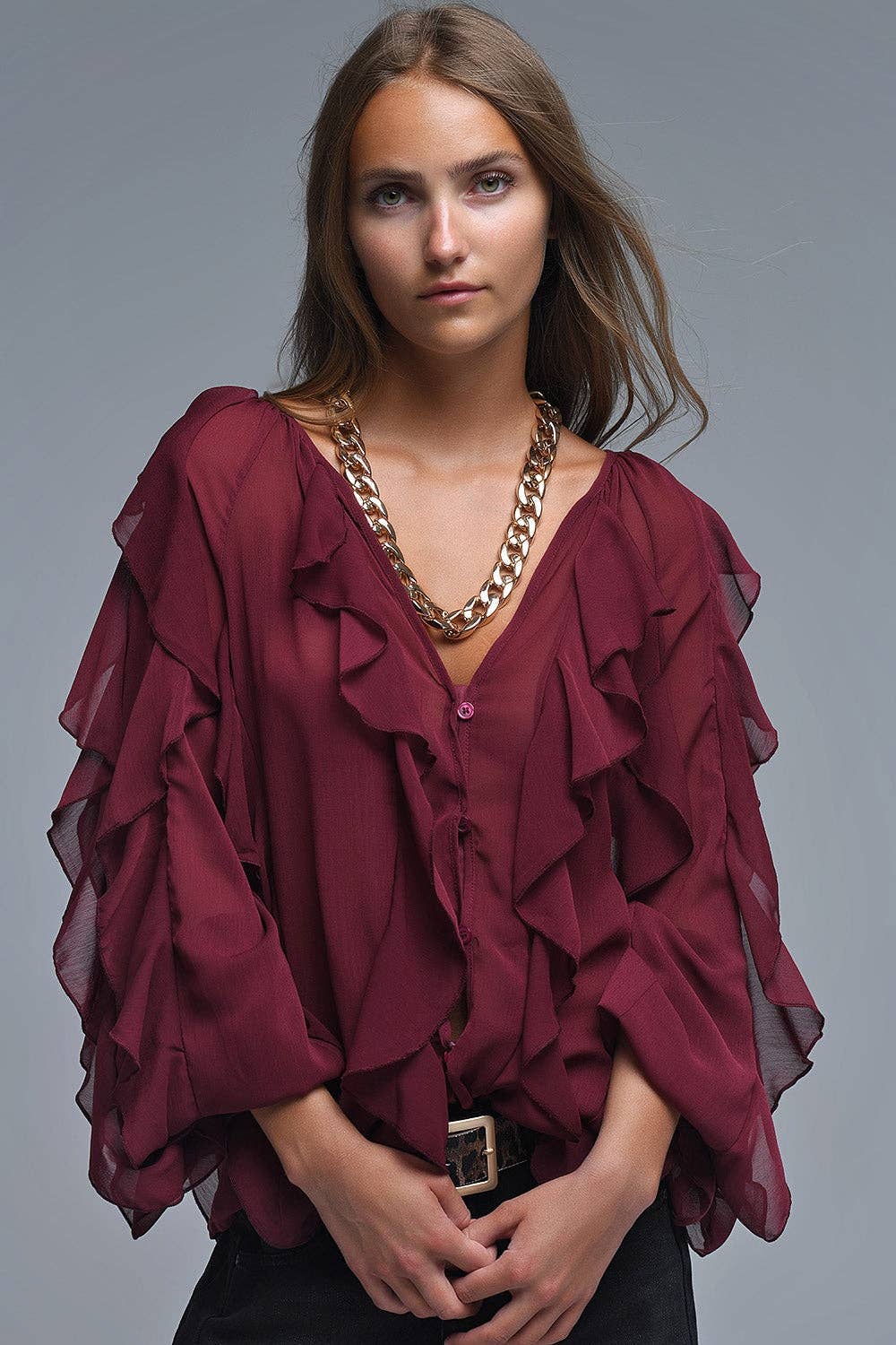 Burgundy V-Neck All Over Ruffle Blouse: MAROON / M