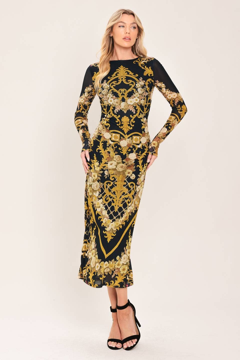 A printed power mesh midi dress - ID24092: Black