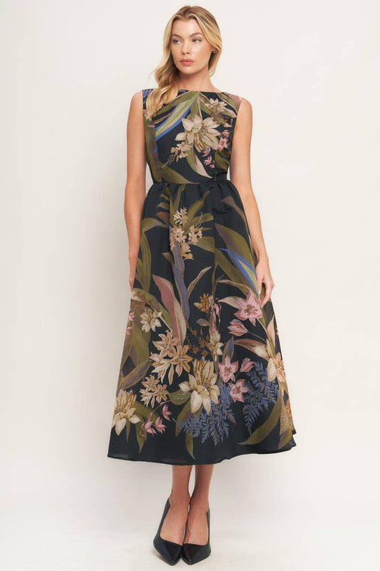 A printed woven midi dress - ID23111: Black