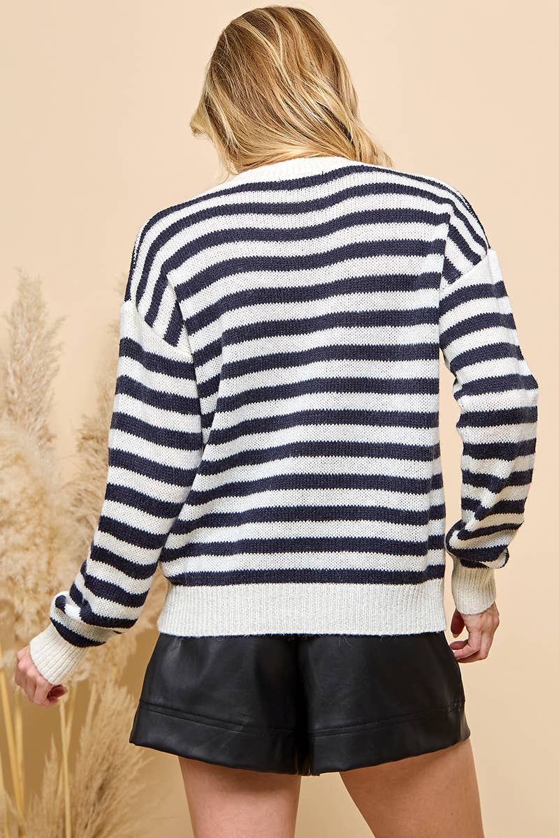 HEART STRIPE LONG SLEEVE SWEATER: Dark Navy