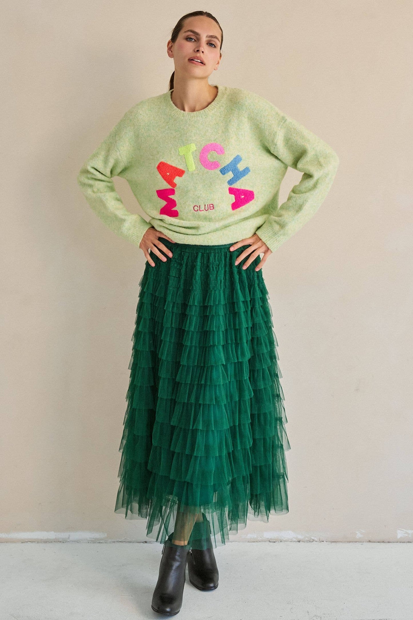TIERED RUFFLE MESH MAXI SKIRT: GREEN