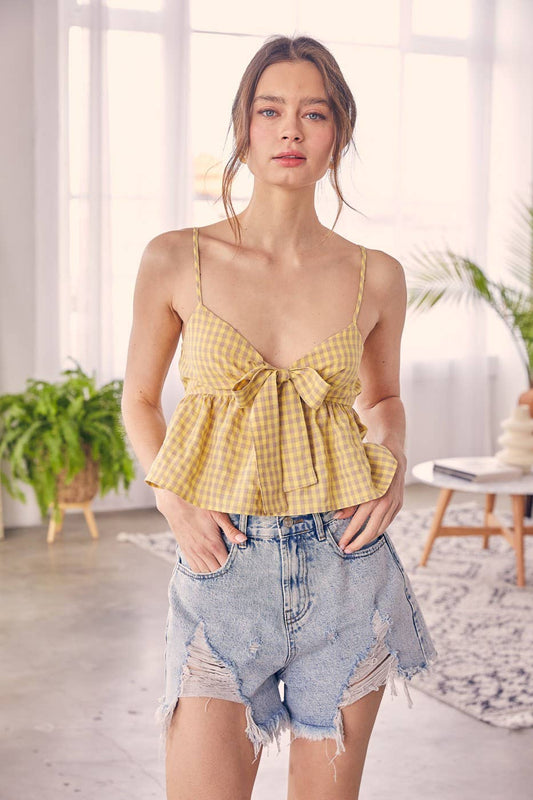 FRONT BOW TIE GINGHAM TOP: Yellow/purple