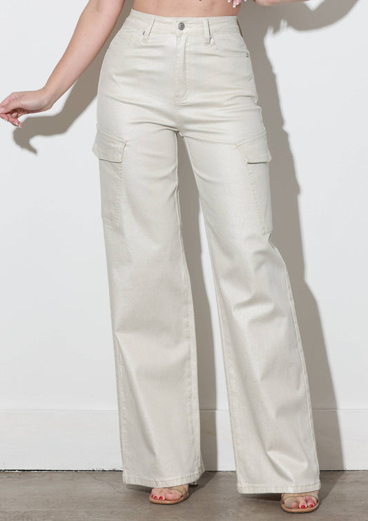 Glitter High-Rise Cargo Wide Leg Jeans: Natural
