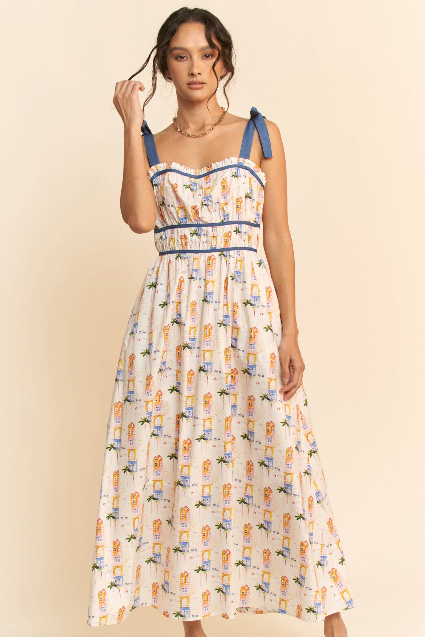 PRINTED RIBBON STRAPS MAXI SUN DRESS: White Multi