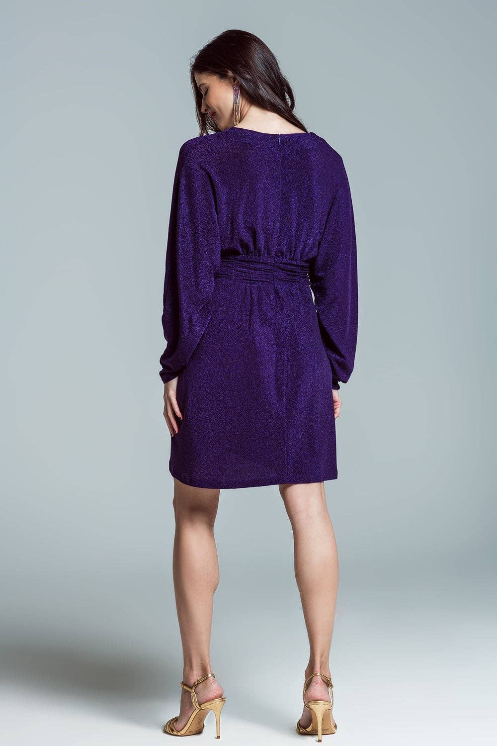 Mini length glitter dress with deep V neck in purple: Purple / Large
