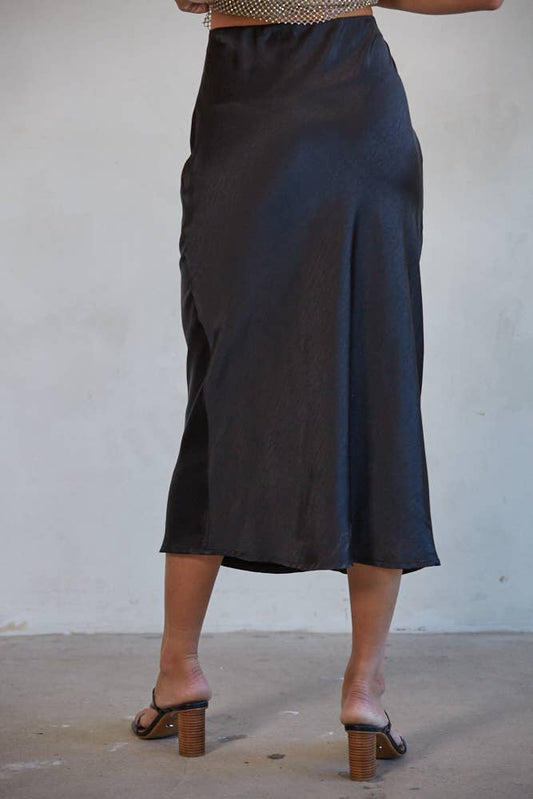 Satin Waist Elastic Band Midi Skirt: Black