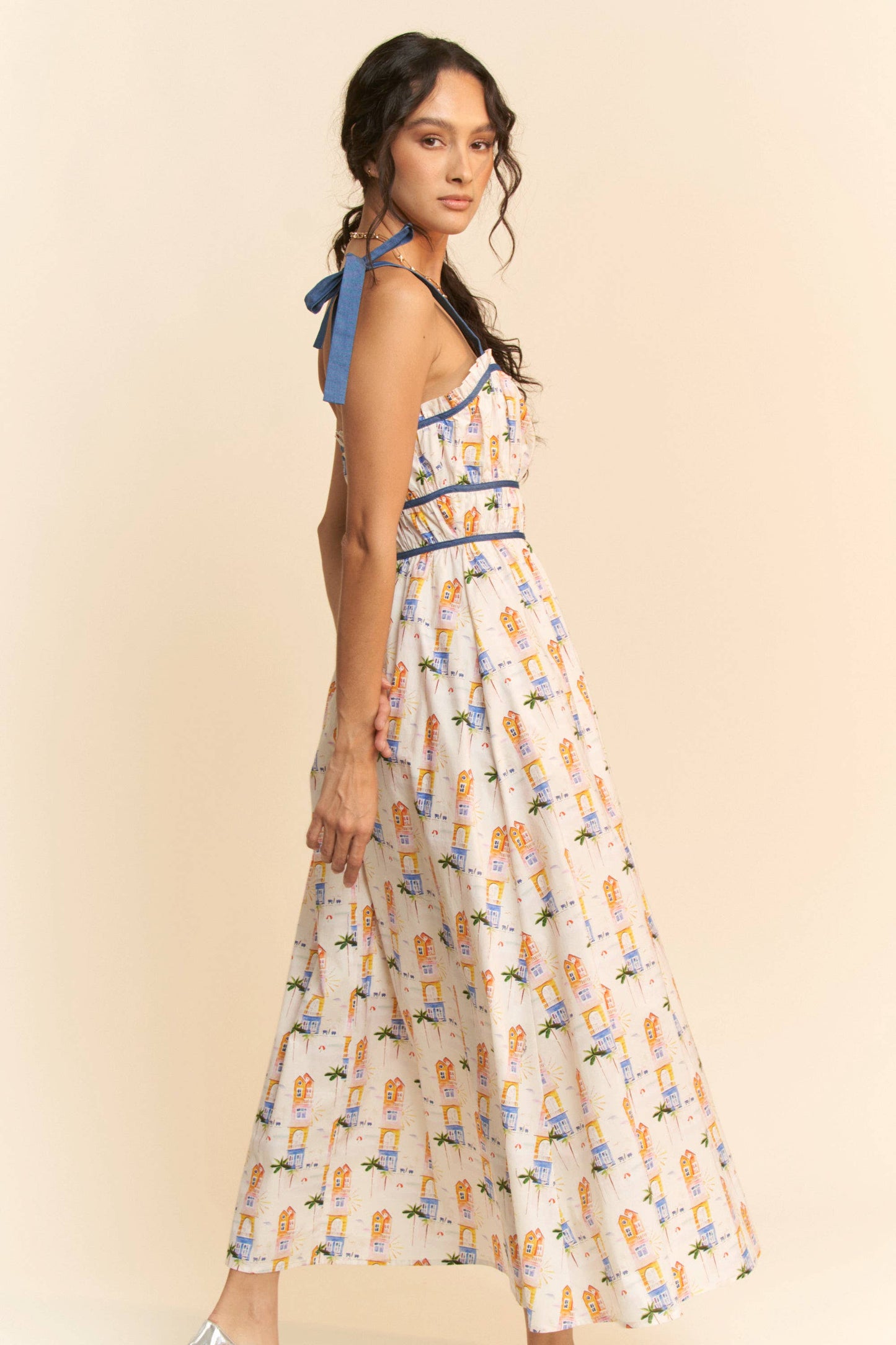 PRINTED RIBBON STRAPS MAXI SUN DRESS: White Multi
