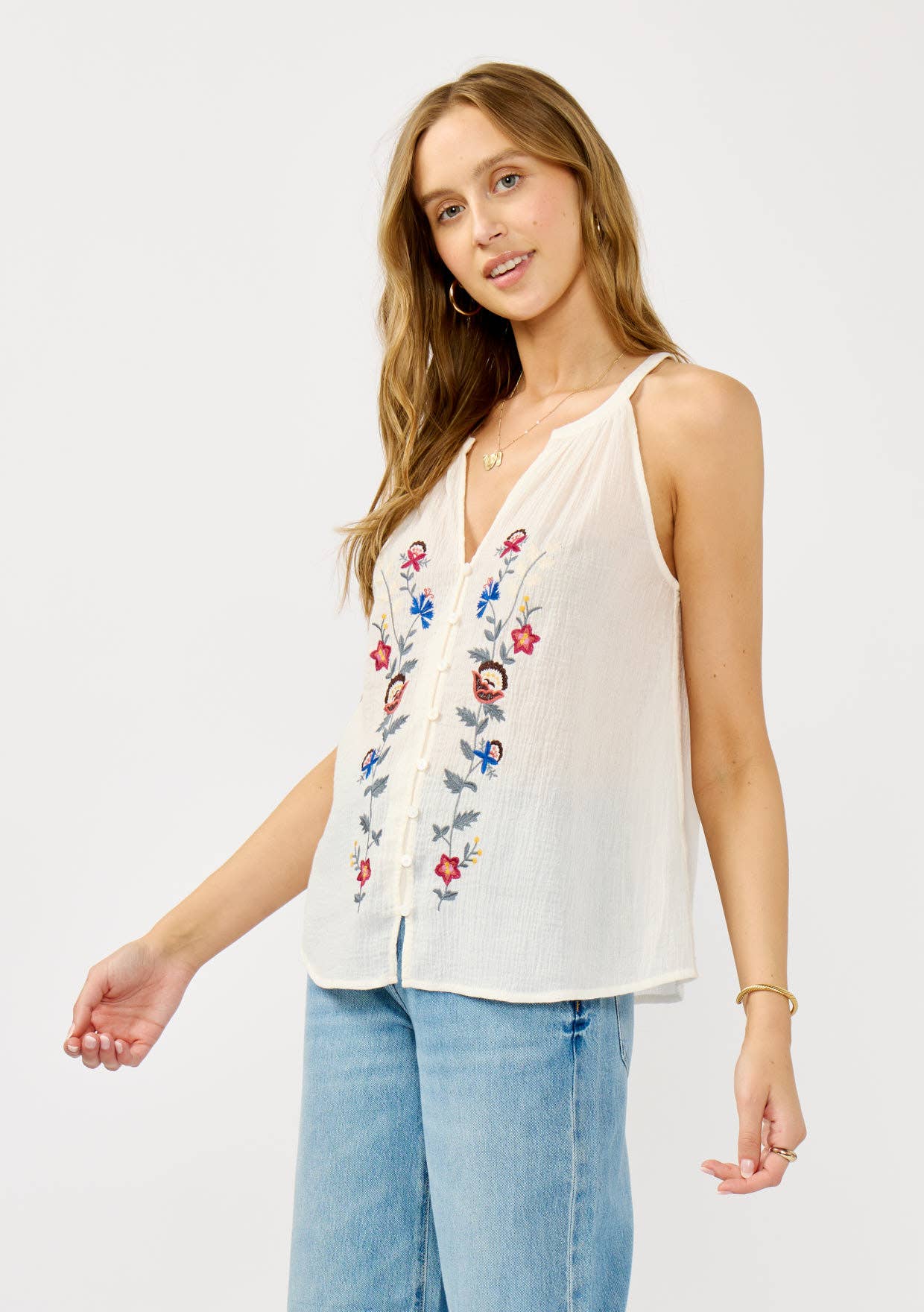 Embroidered Halter Neck Button-Down Tank
