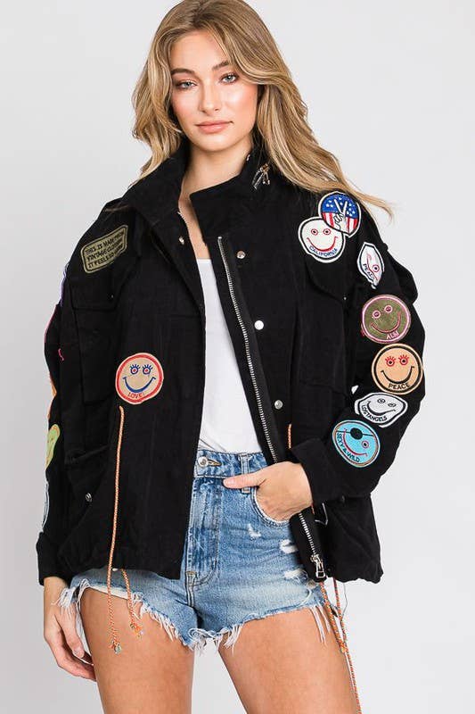 Smile Patchwork Jacket: Black