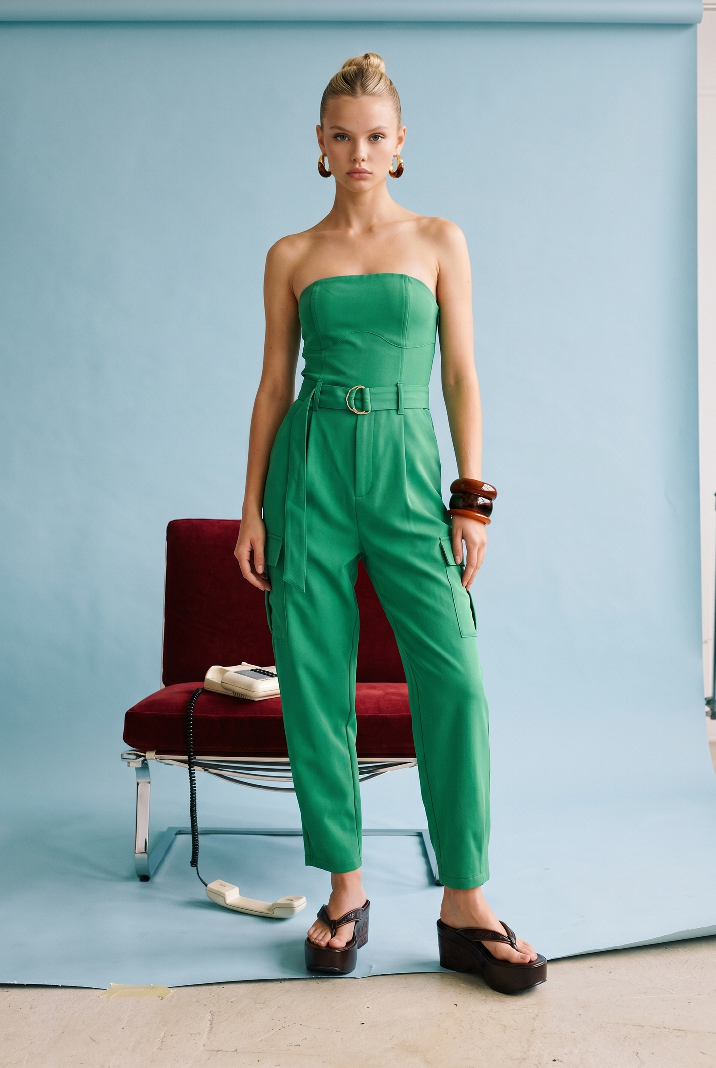 Strapless Belted Cargo Jumpsuit: Green