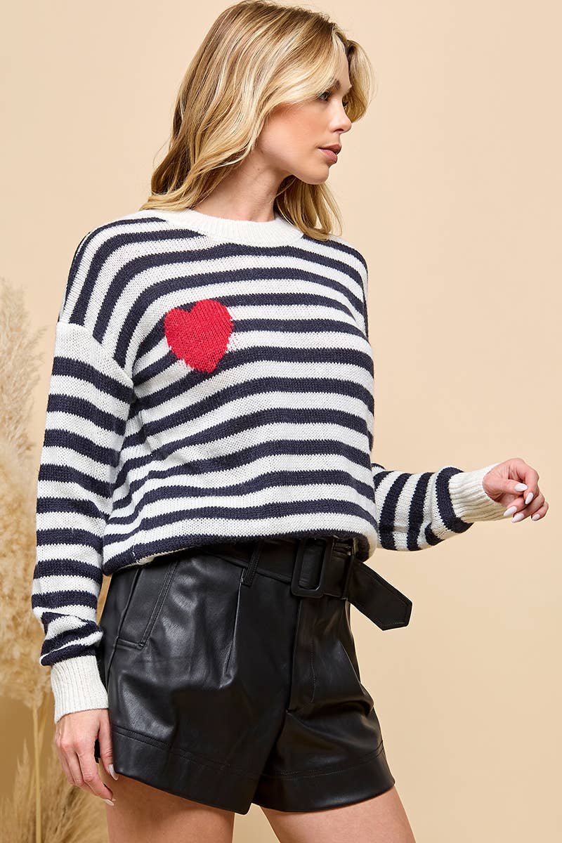 HEART STRIPE LONG SLEEVE SWEATER: Dark Navy