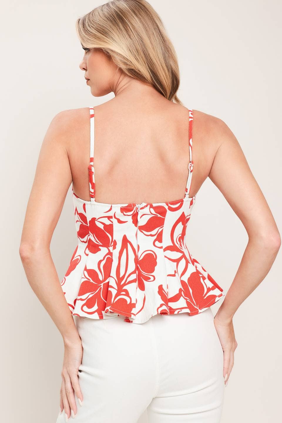 V-neck spaghetti strap peplum top- IT14180: RED/WHITE