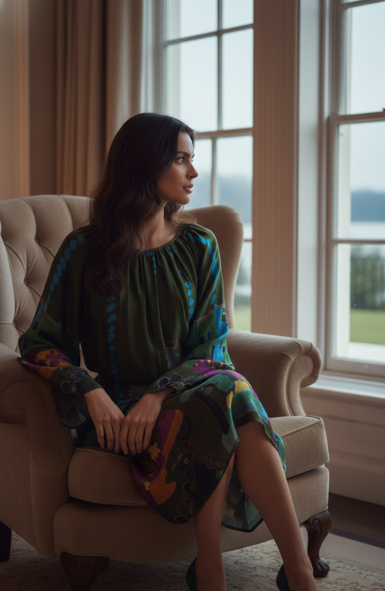 Conversational Print Long Sleeve Dress