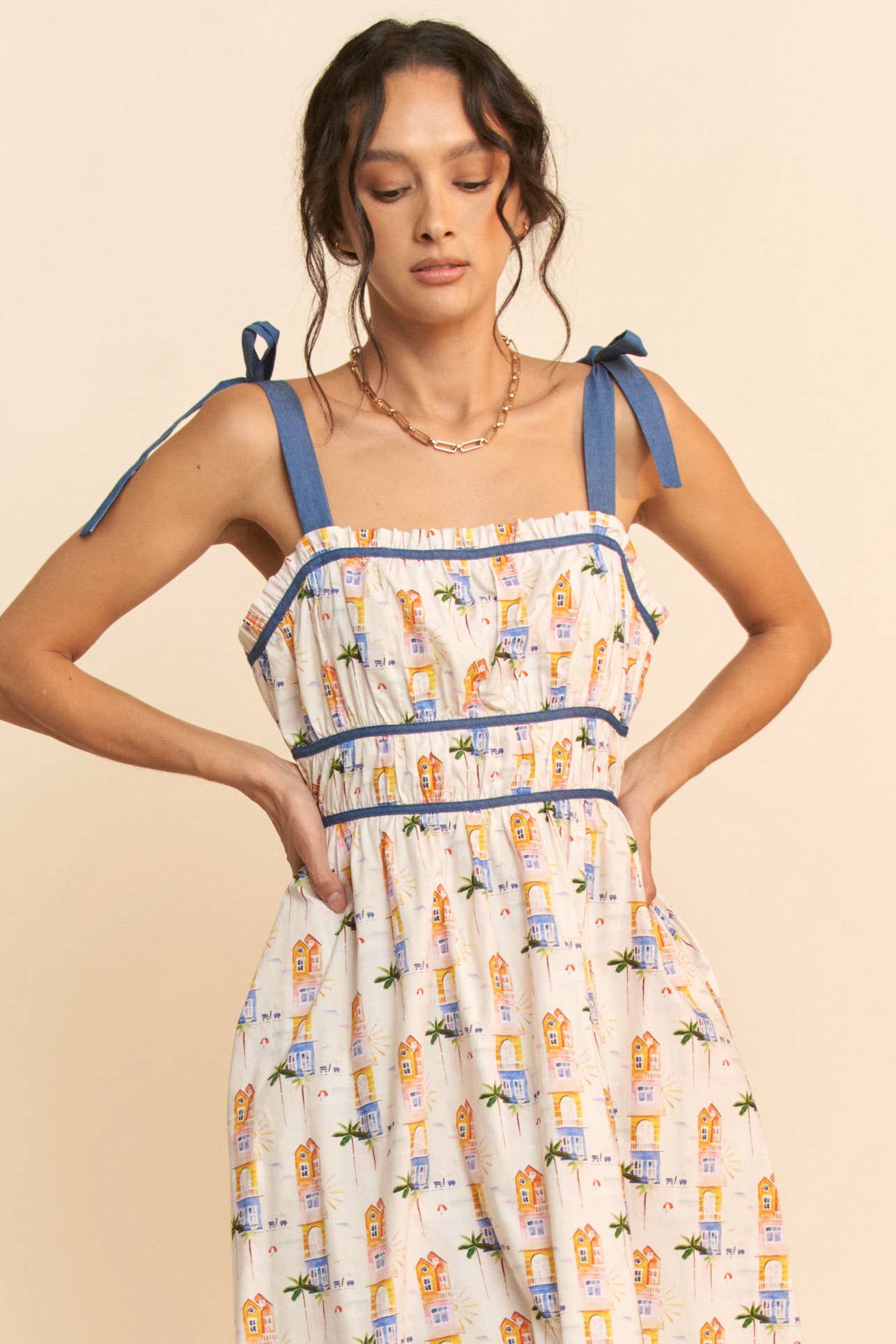 PRINTED RIBBON STRAPS MAXI SUN DRESS: White Multi