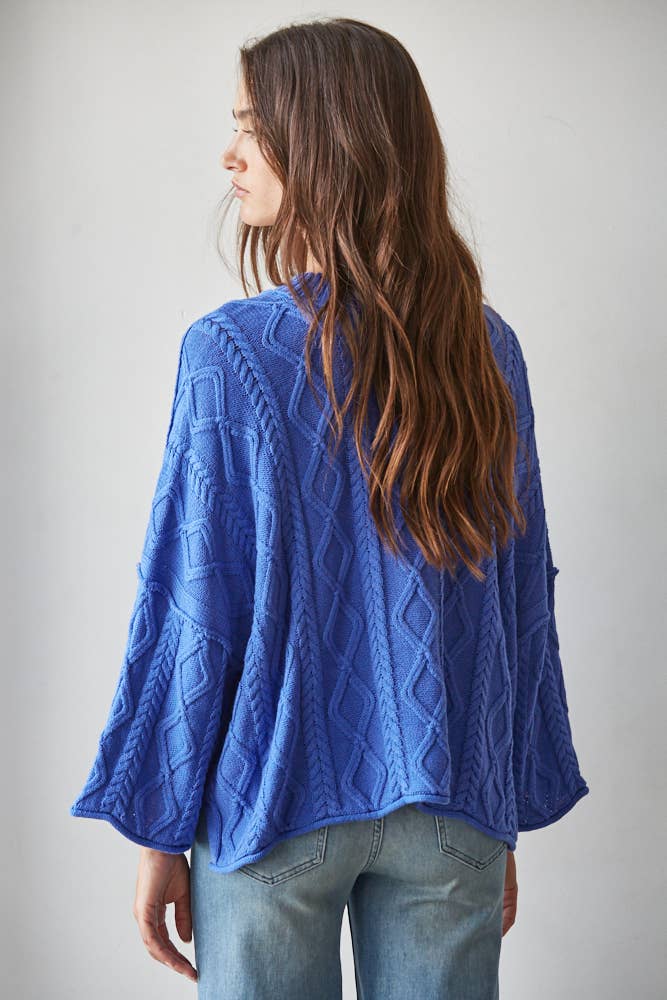 W2280 | Knit Cable Sweater Cotton 3/4 Sleeve Pullover: Cobalt Blue