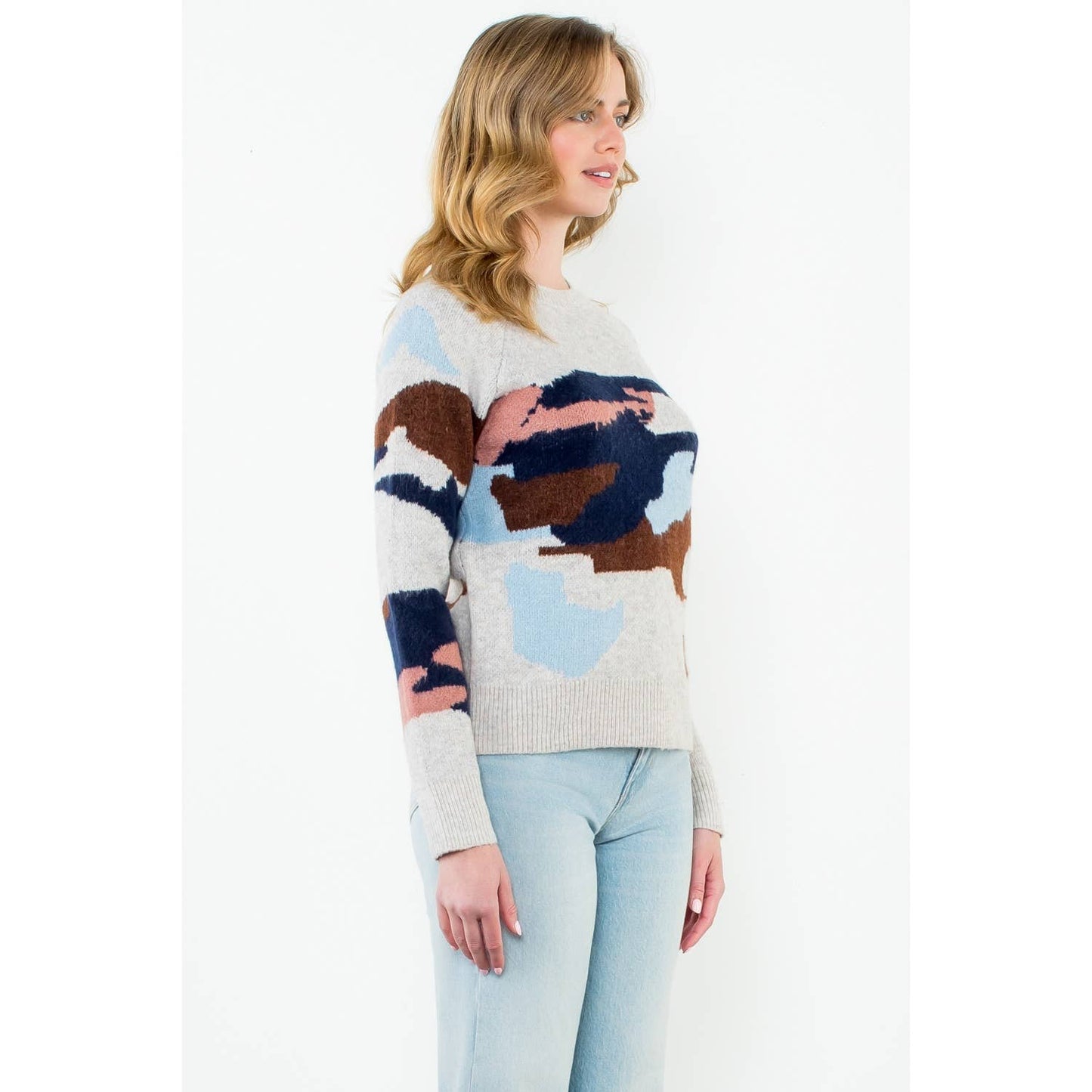 Camo Knit Crewneck: BEIGE