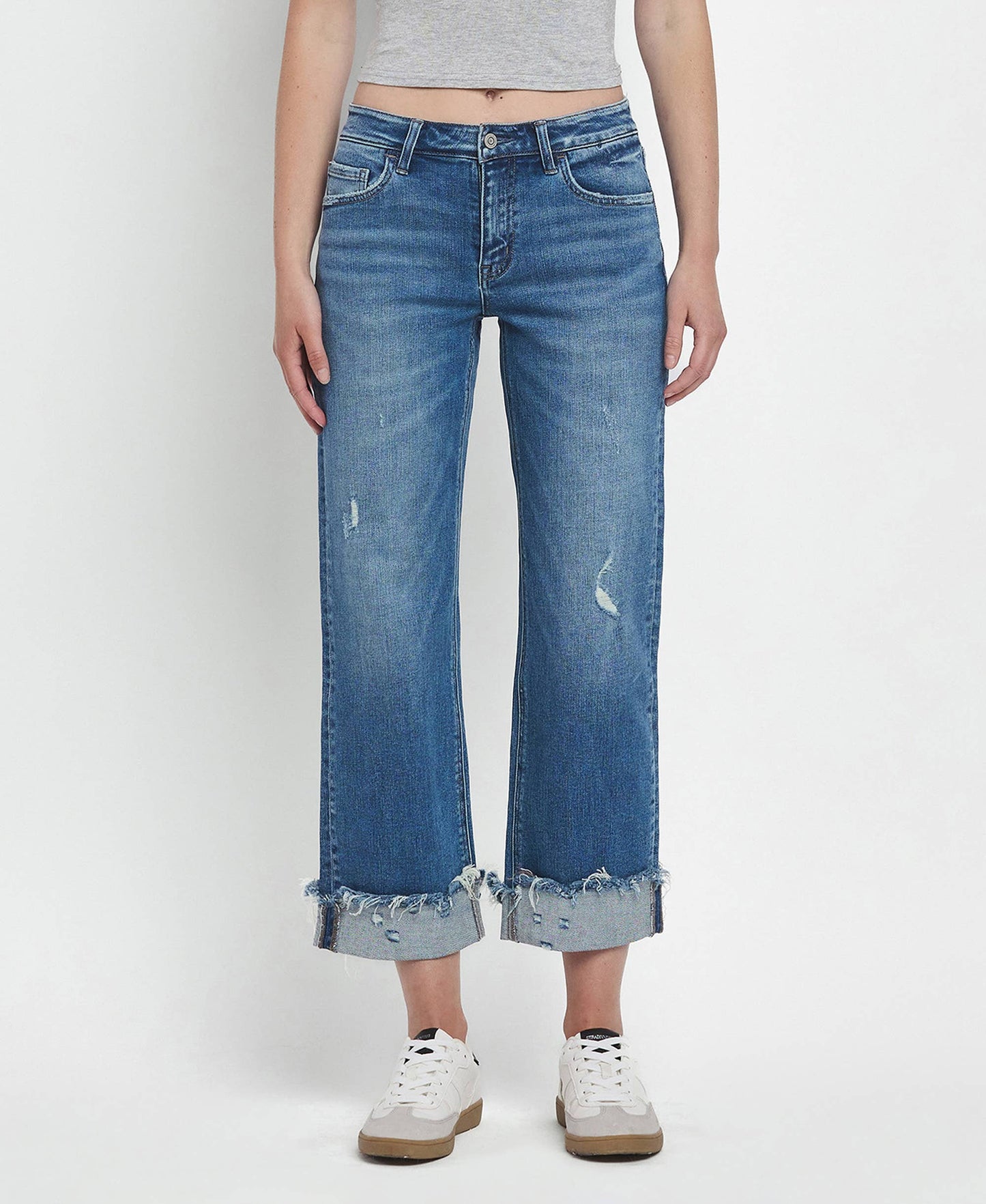 Flying Monkey - Four Season Mid Rise Raw Cuffed Hem Slim Wide Leg Jeans