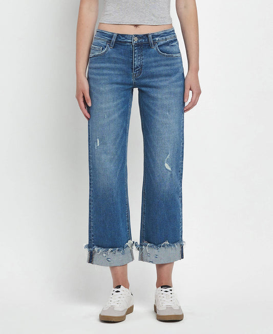 Flying Monkey - Four Season Mid Rise Raw Cuffed Hem Slim Wide Leg Jeans