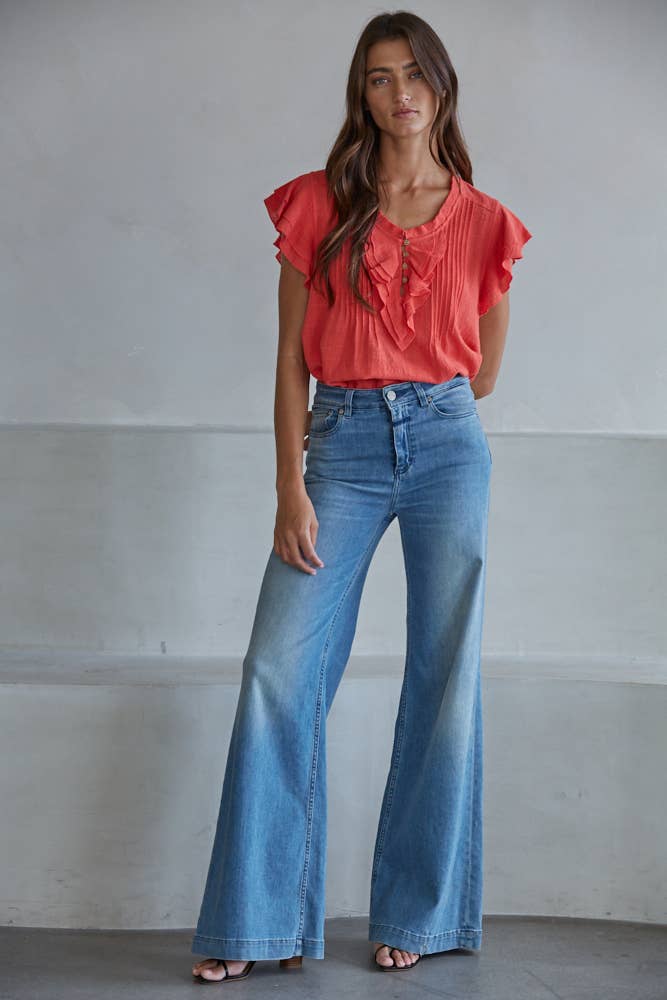 Woven Cotton Linen Button V-Neck Short Sleeve Top: Tomato
