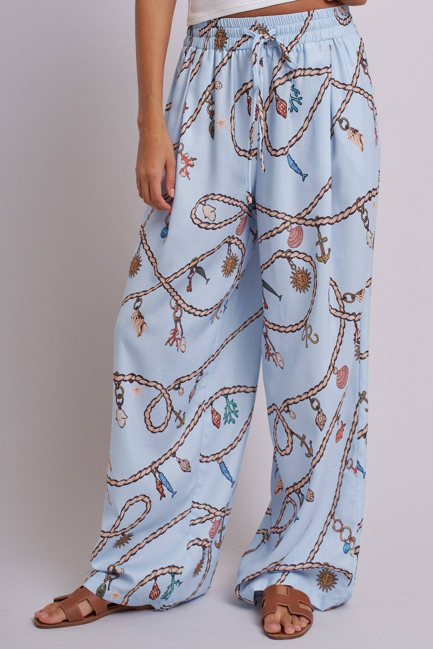 Rope Print Wide Leg Maxi Pants With Drawstring: Blue