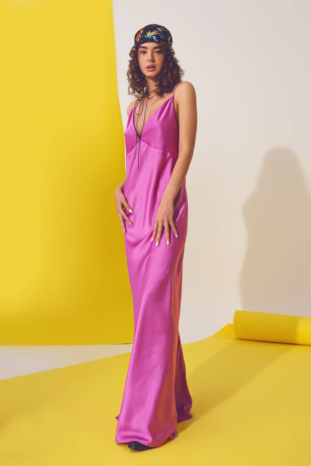 Satin Maxi Dress With Spaghetti Straps in Fuchsia: Fuchsia