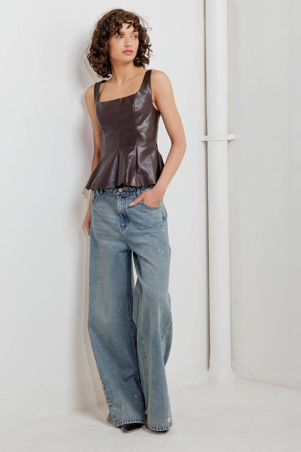 Faux leather tank top - FT1617: CHOCOLATE