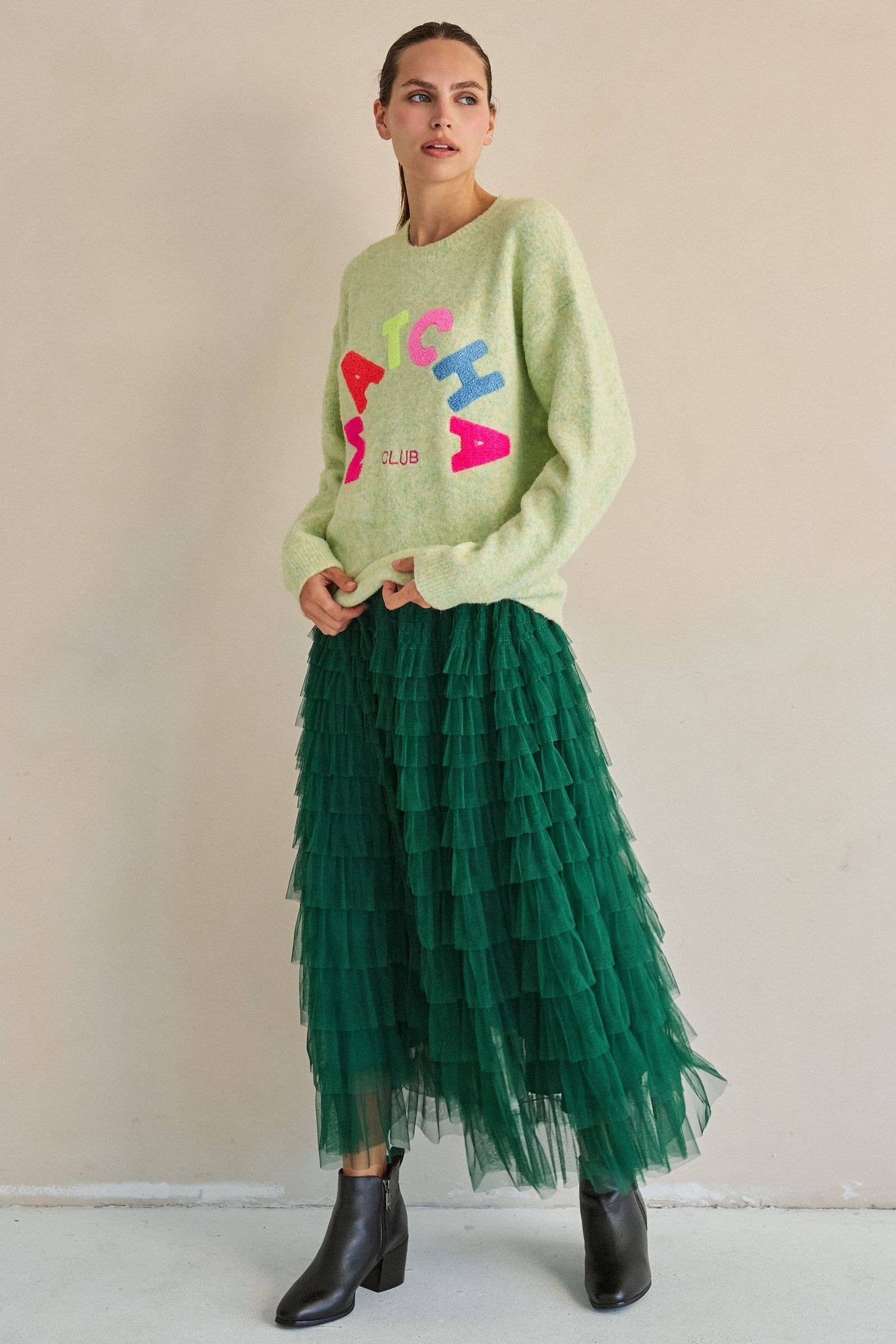 TIERED RUFFLE MESH MAXI SKIRT: GREEN