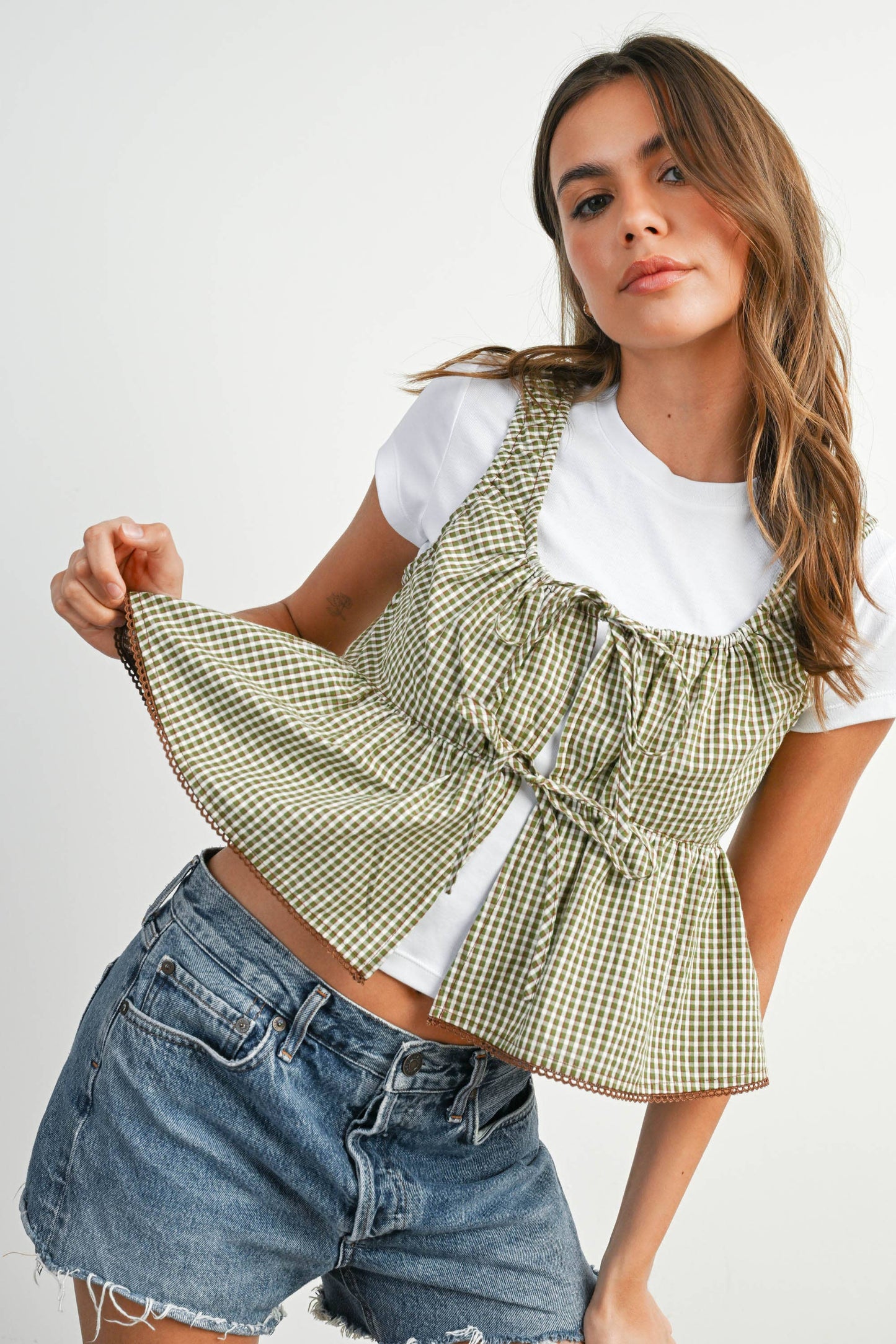 Tie-Front Sleeveless Peplum Tank Top - BMT7875: OLIVE MULTI