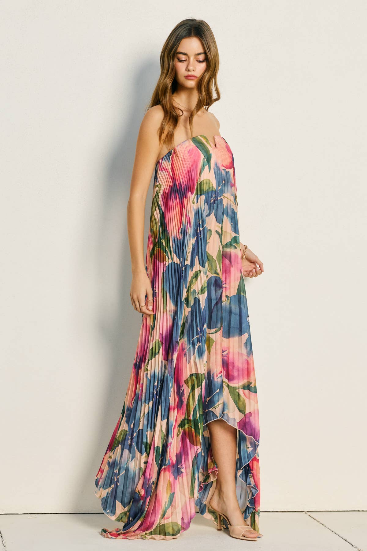 Floral Strapless Pleated Maxi Column Dress: LAPIS BLOOM