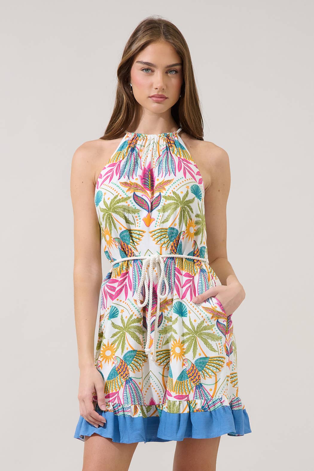 Malena Halter Ruffle Mini Dress Tropical: Multi