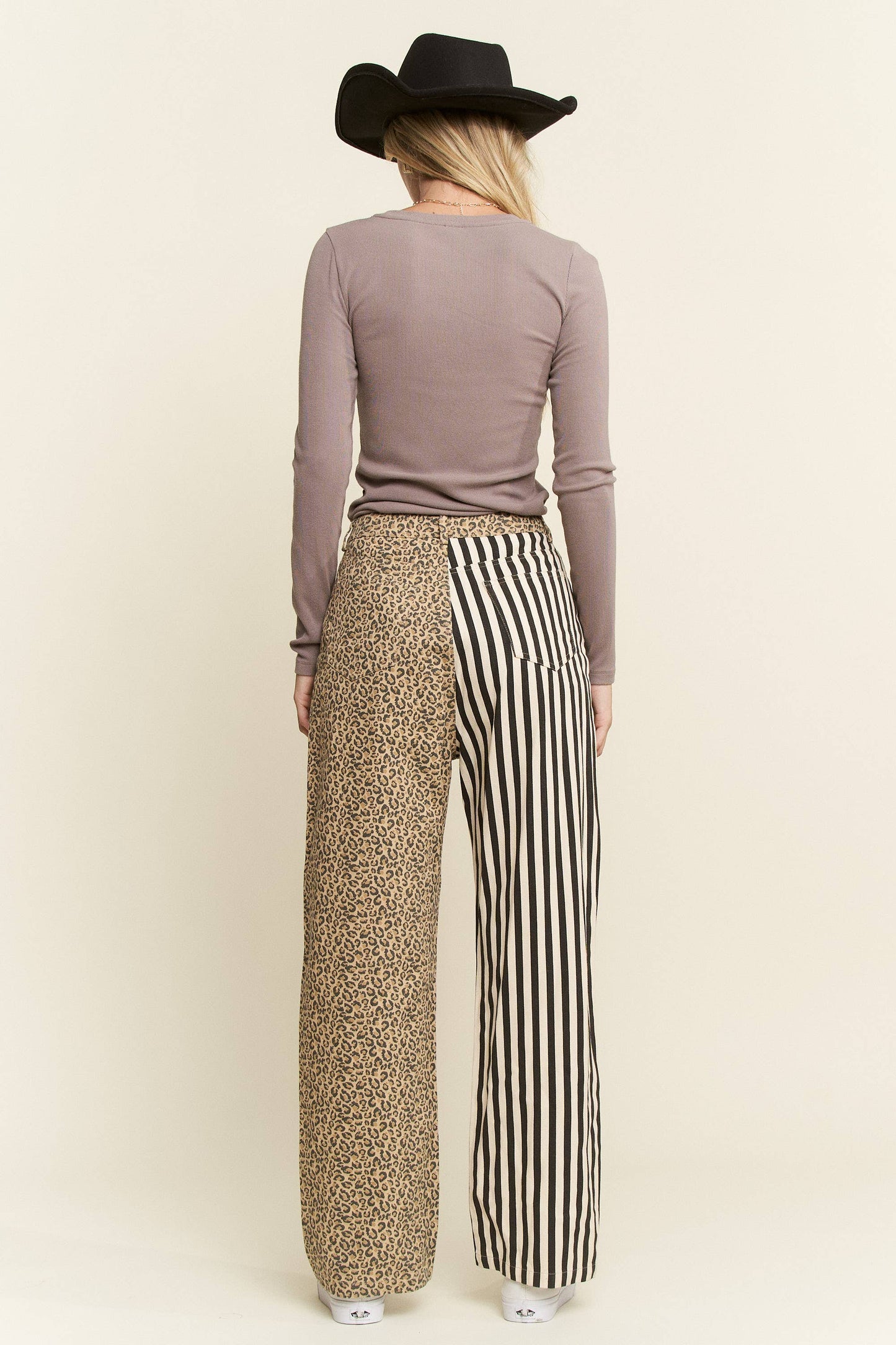 MIX & MATCH LEOPARD-STRIPE PANTS: Brown