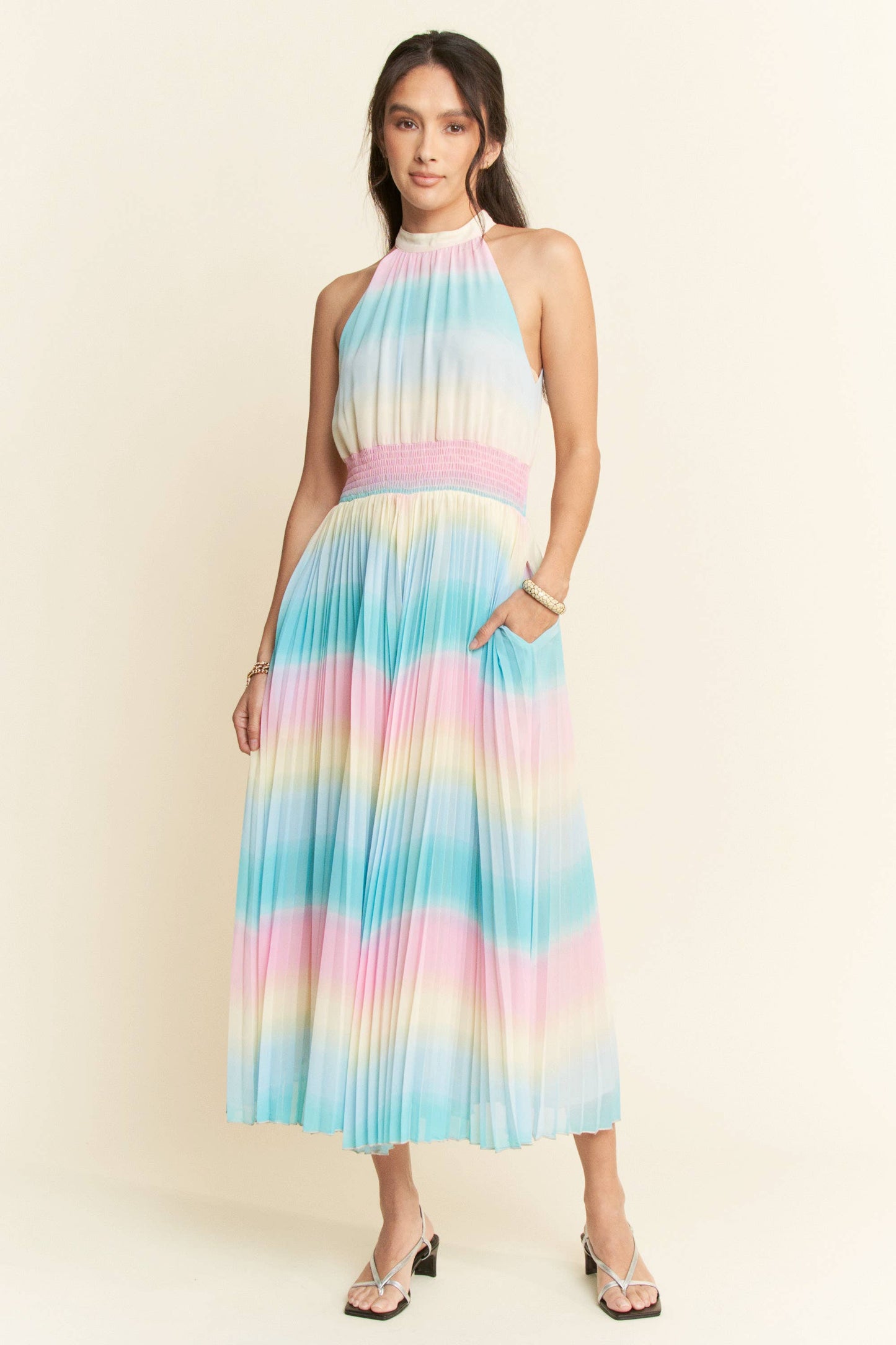 OMBRE STRIPED FULL LINED MAXI DRESS: Rainbow Combo