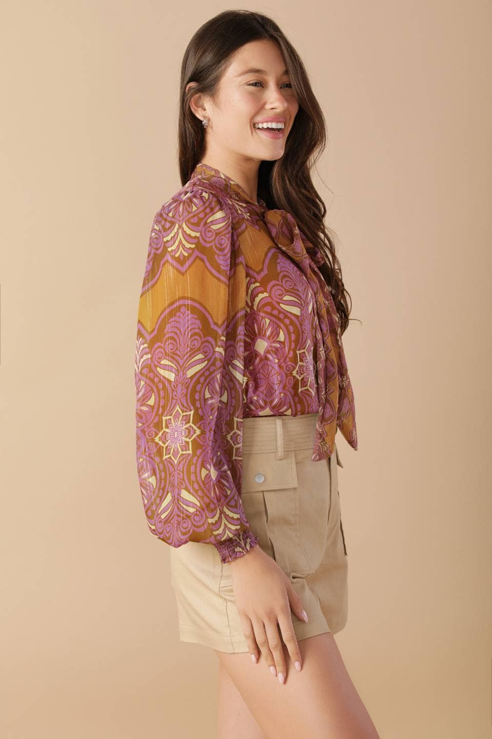 A printed woven top - IT13433: RUST PURPLE / Contemporary / S