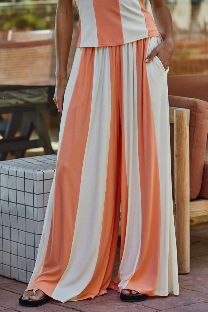 Striped Wide Leg Pants: Neon Salmon Cream