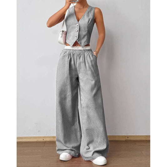 Striped Vest and Wide Leg Pants Two Piece Set: Grey/White