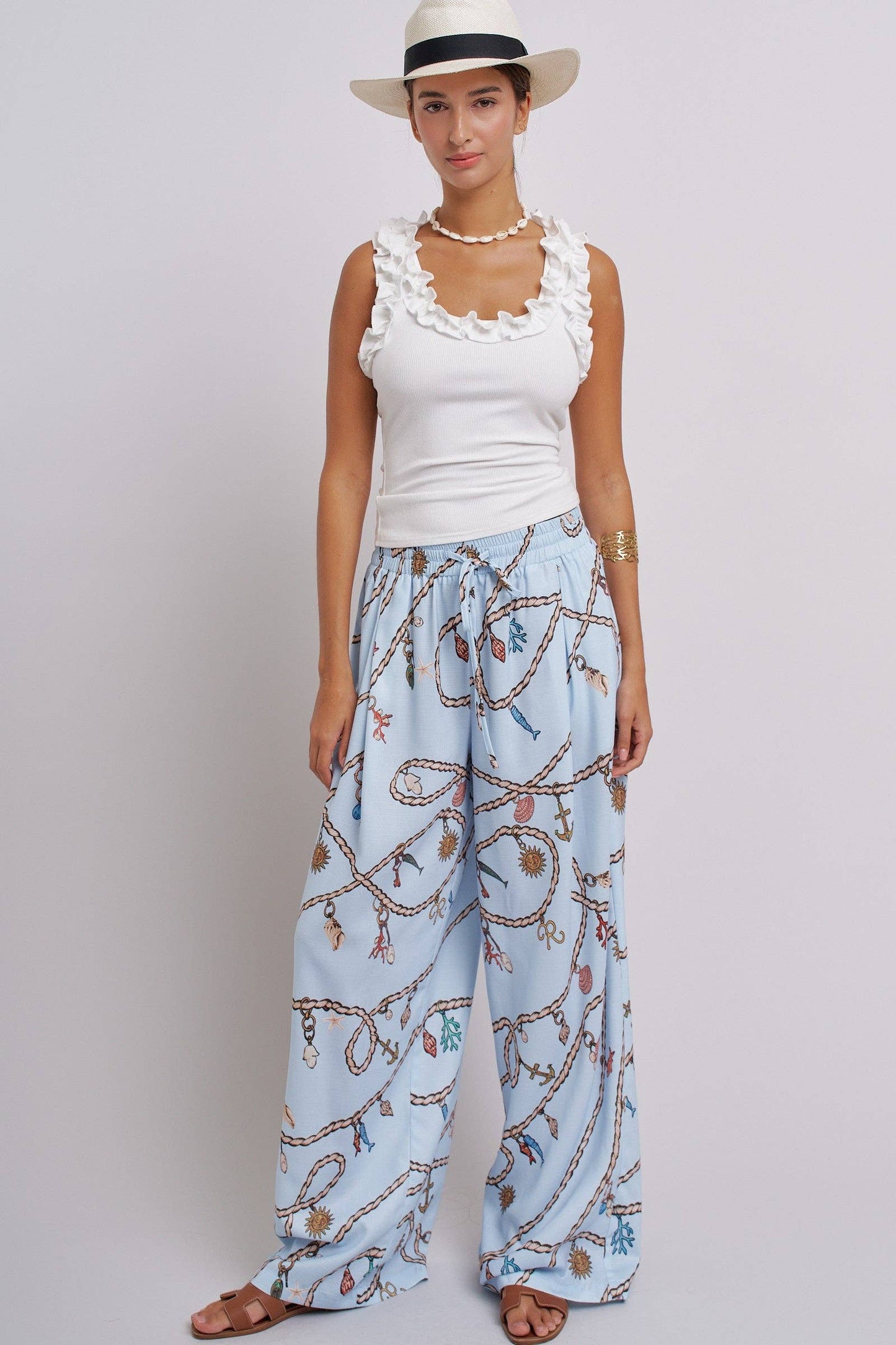 Rope Print Wide Leg Maxi Pants With Drawstring: Blue