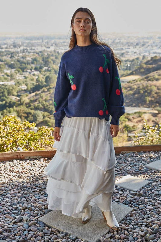 Cherry Print Knit Sweater : Dark Navy / W2269