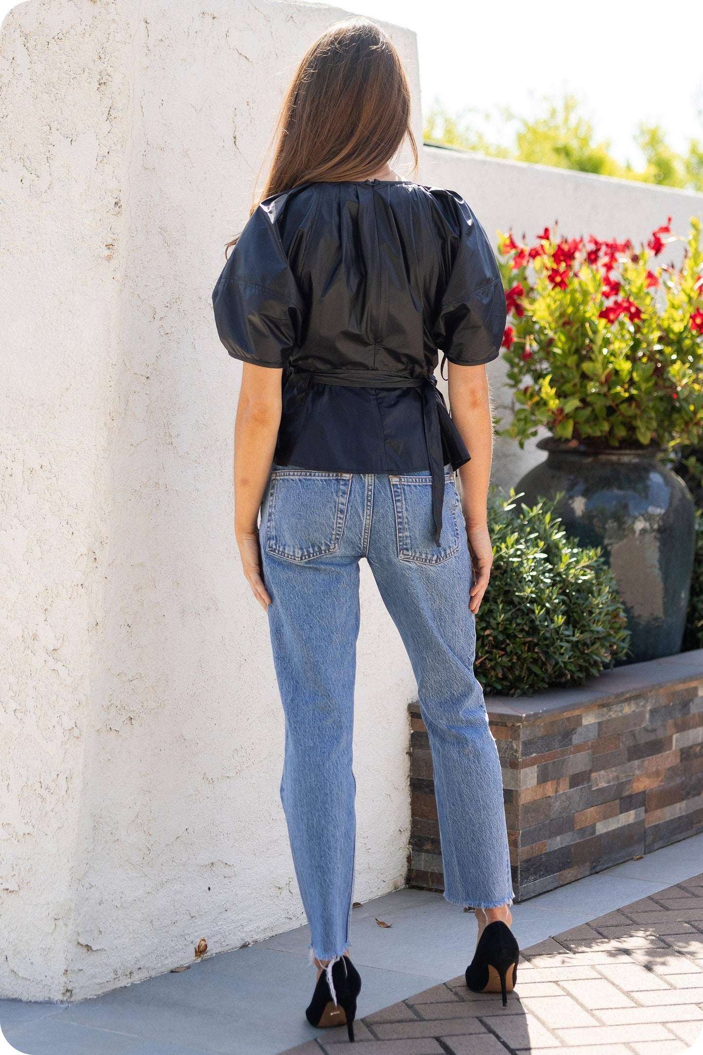 Waist Belt Pleated Faux Leather Top: Black