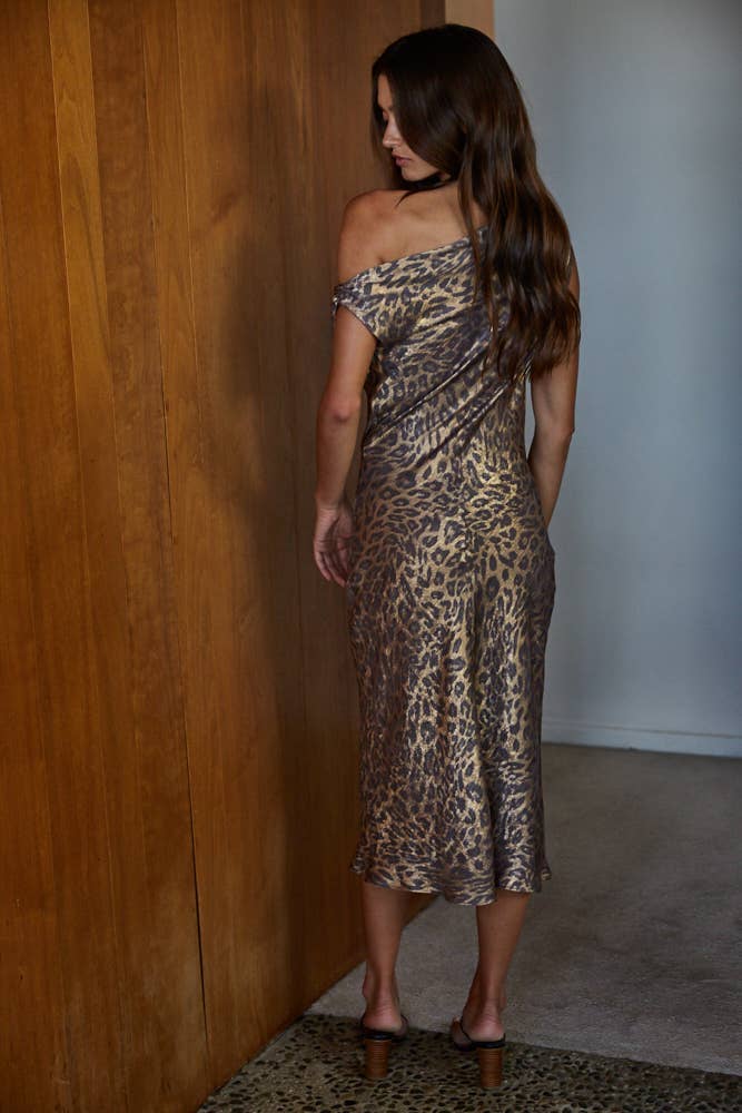 Leopard Print Cowl Neck Midi Dress