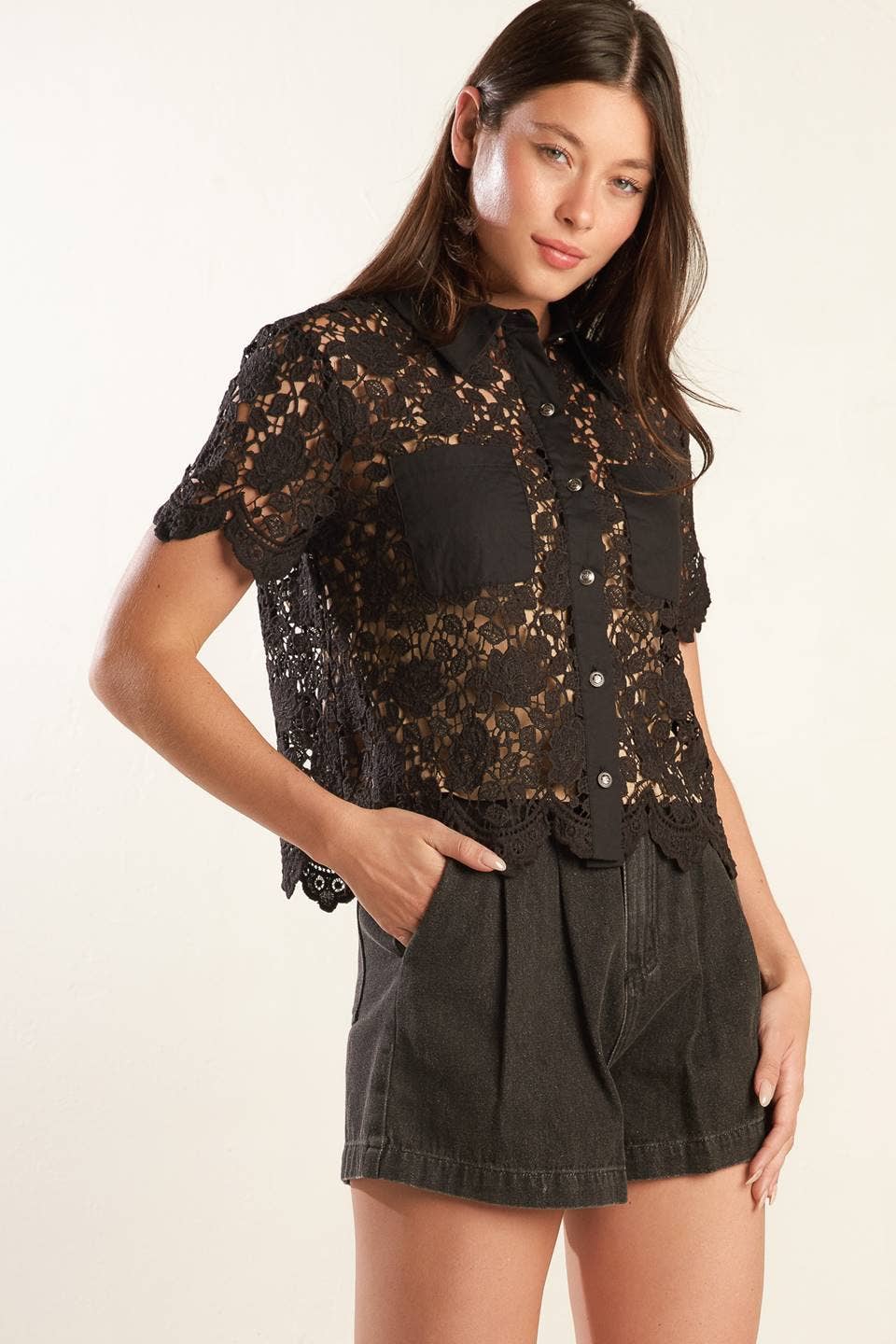 Lace button up top - FT1526: Black