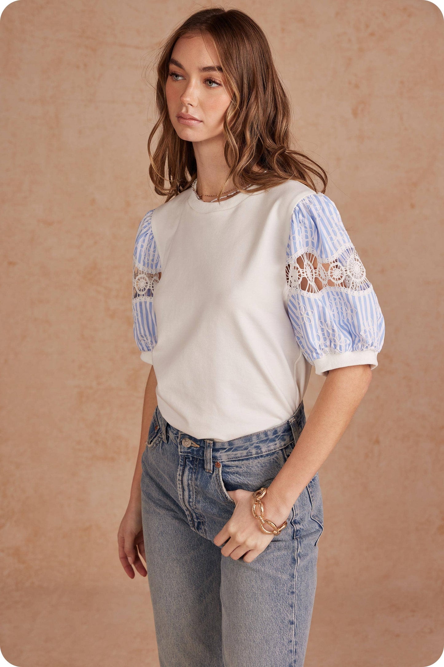 Striped Embroidered Puff Sleeve Tee Top: White/blue