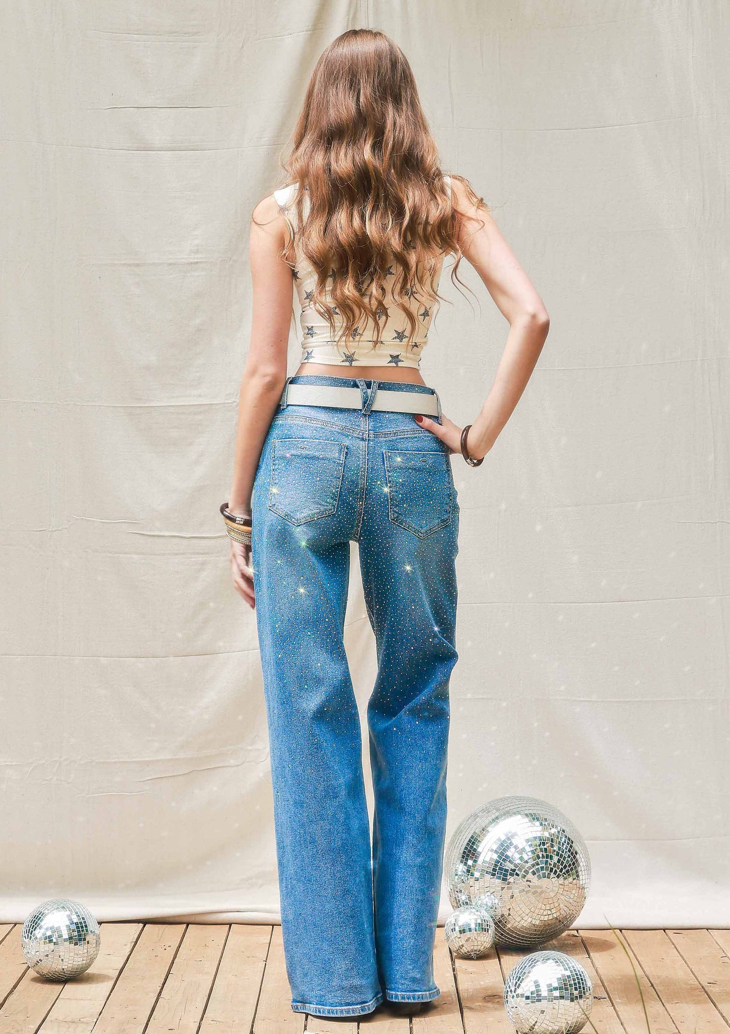 Iridescent Rhinestone High-Rise Wide Leg Jeans: Medium Stone