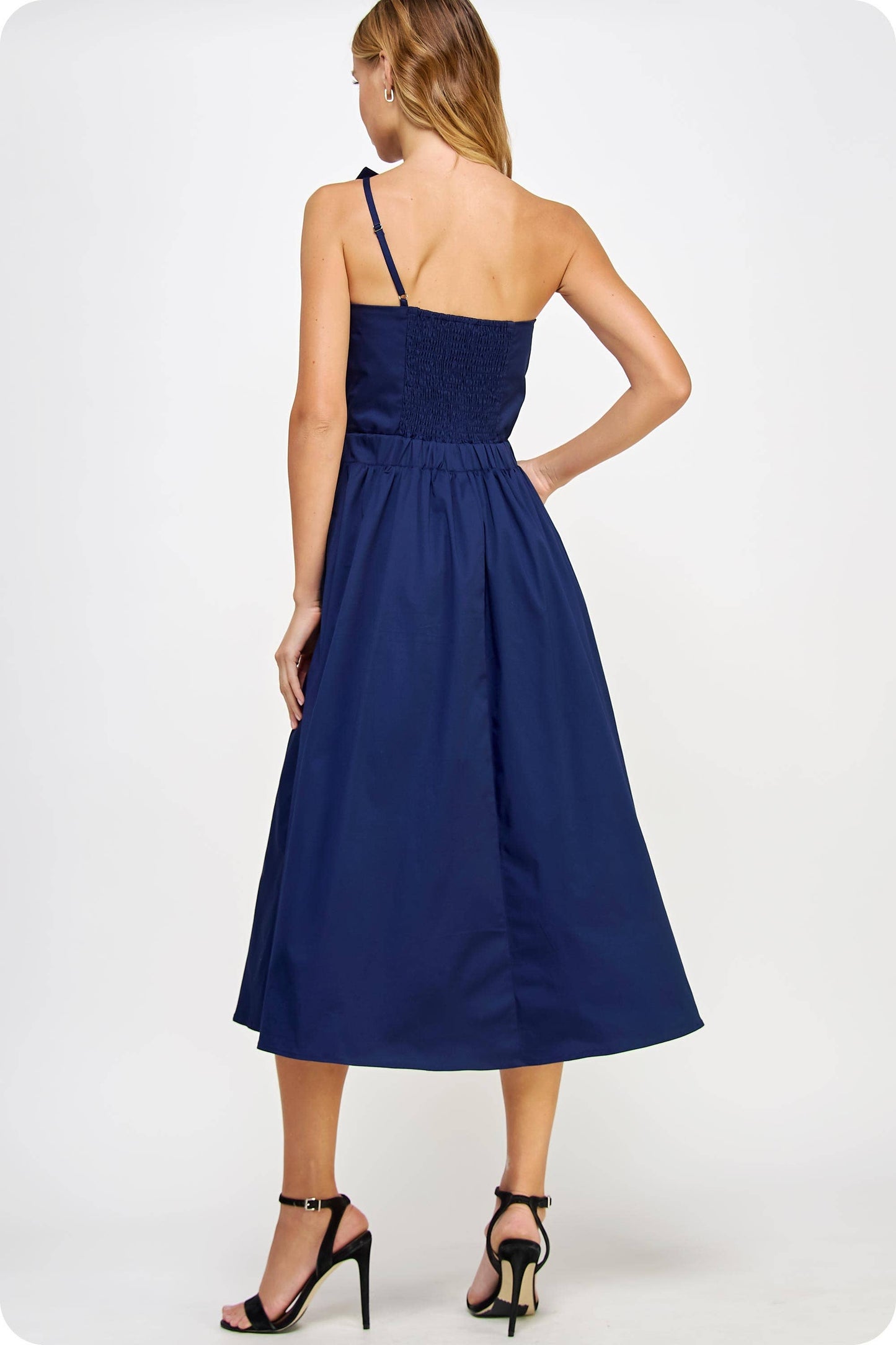 Knotted Flower Bow Midi Dress: Navy