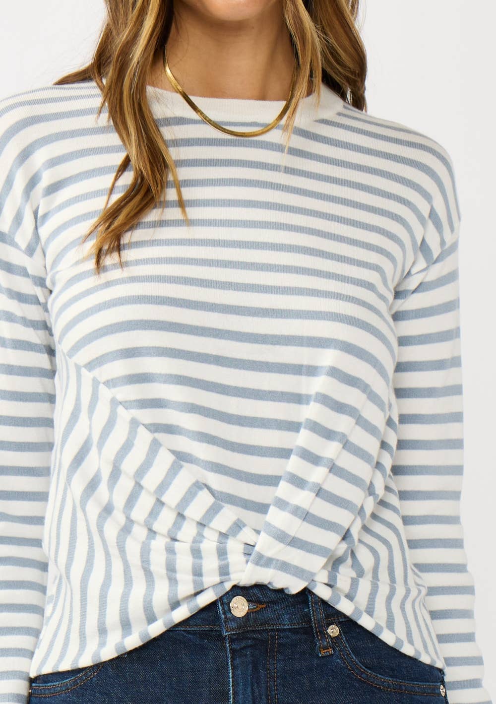 Horizontal Stripe Front Knot Pullover Sweater: Ivory/Dusty Blue