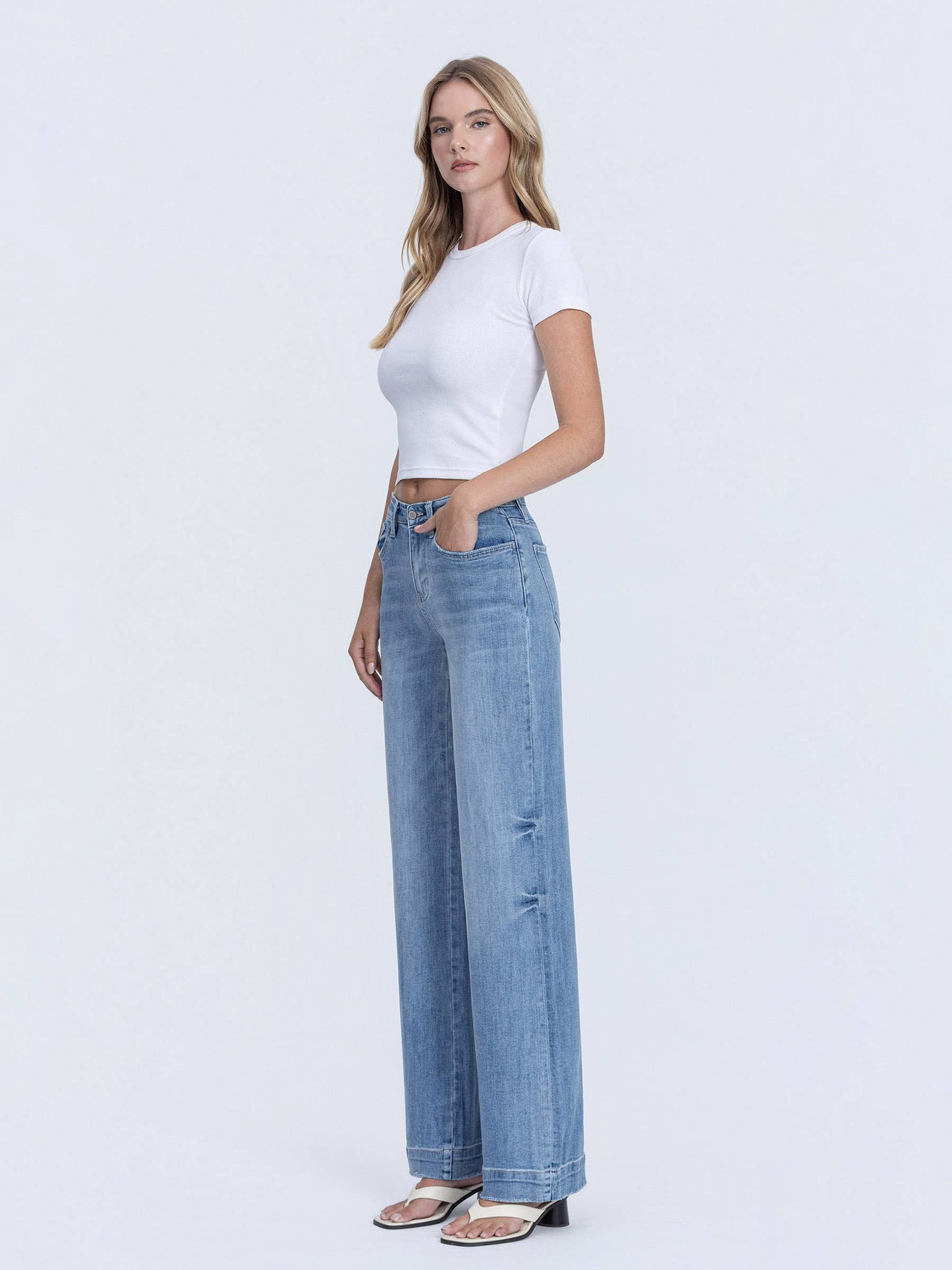 HIGH RISE MEDIUM WASH TROUSER HEM WIDE LEG JEANS F5391: PERMISSIBLE
