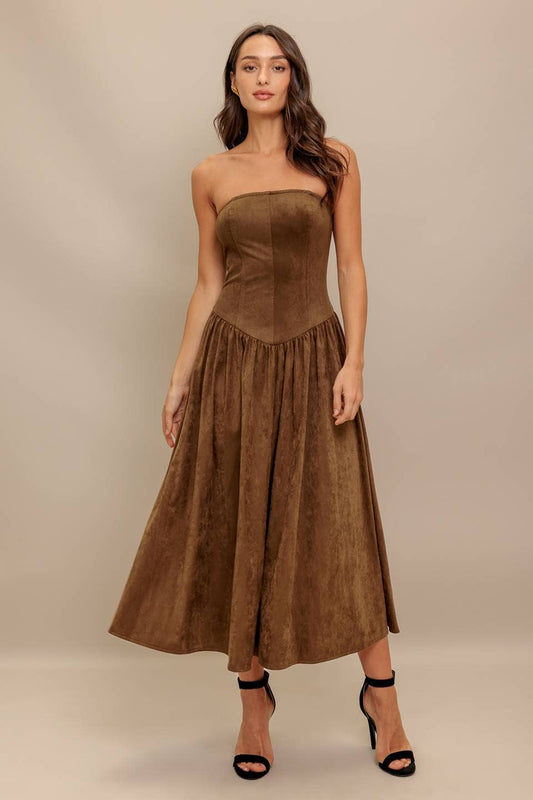 Faux strapless suede midi dress - ID22923: Brown