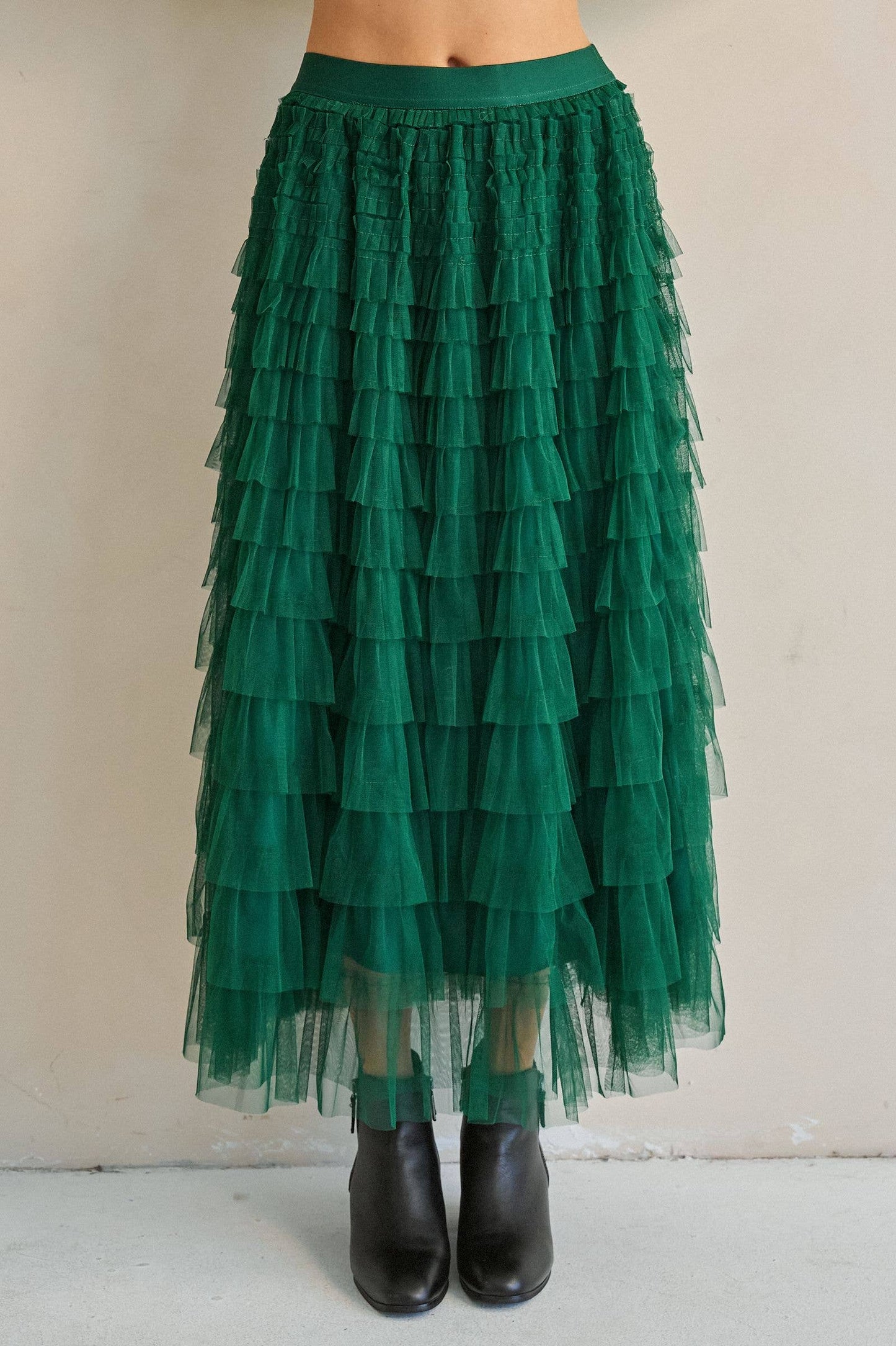 TIERED RUFFLE MESH MAXI SKIRT: GREEN
