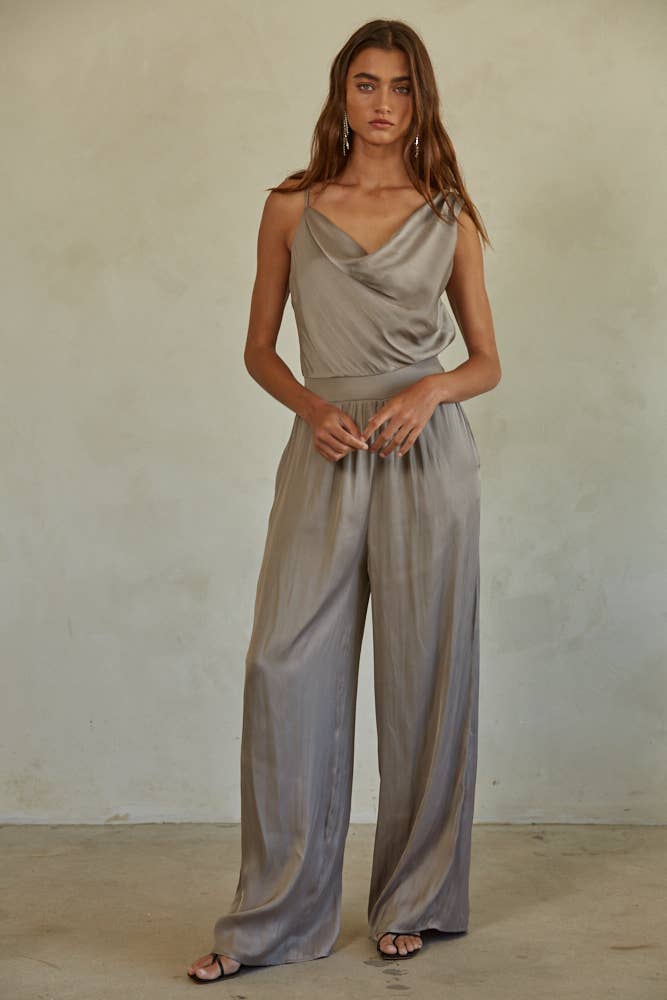 Satin Cowl One Shoulder Jumpsuit: Grey