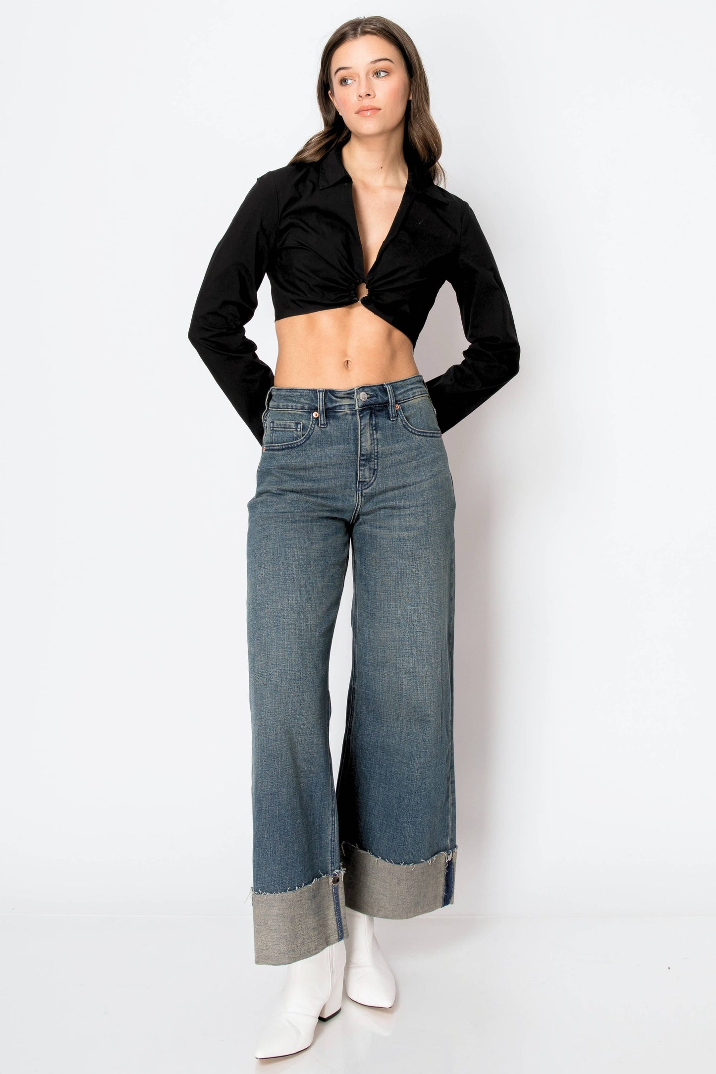 INSEAM TRANSFER TUMMY CONTROL HIGH RISE WIDE LEG JEANS: